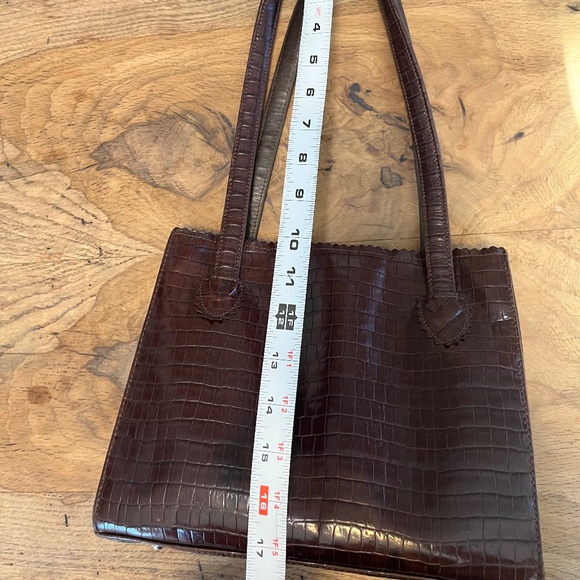 Donald J. Pliner Genuine Leather Handbag Croc-embossed Brown Patent Shine - Picture 3 of 13